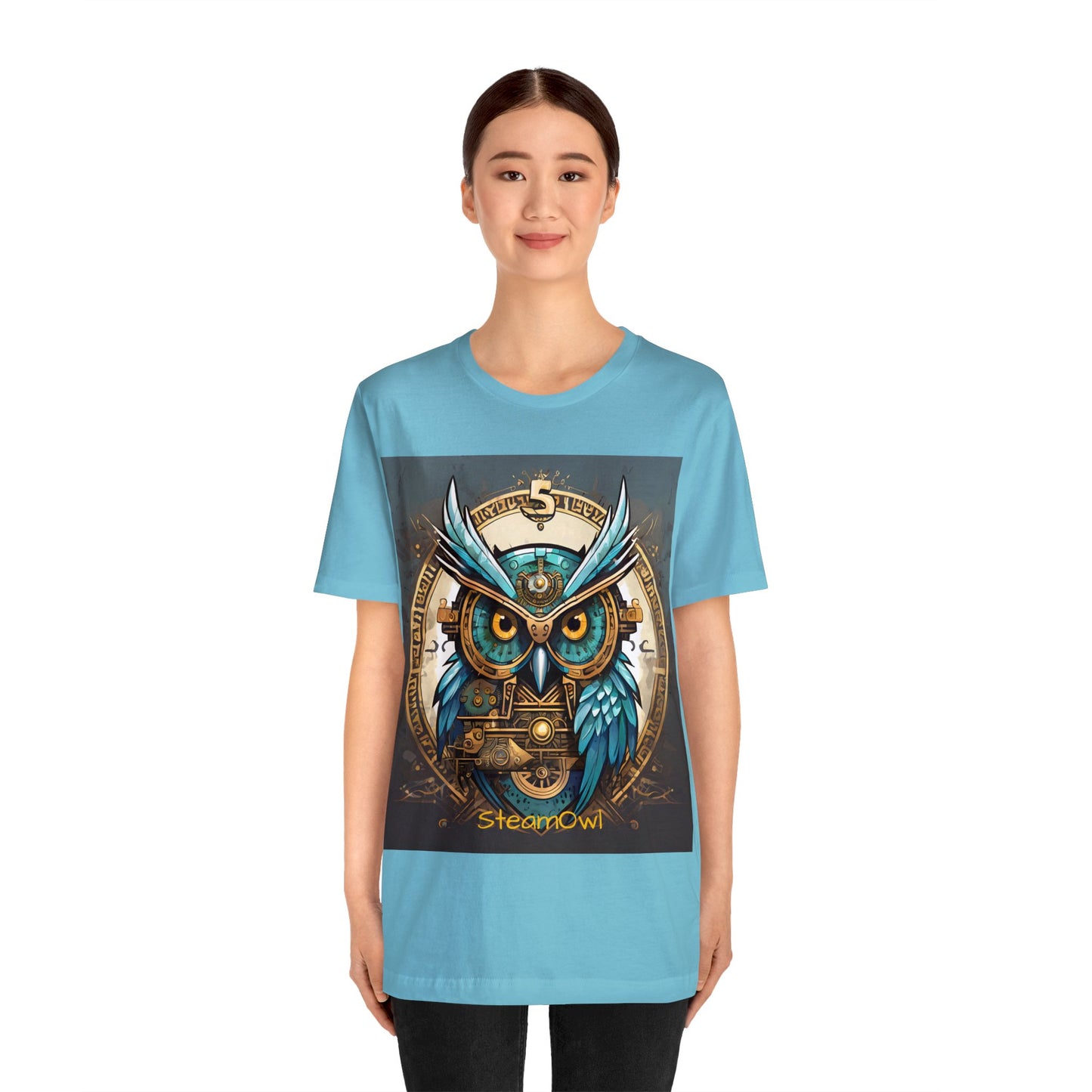 Unisex adult Jersey Short Sleeve Tee Steampunk Owl Mechanical Feathers Attire t shirt