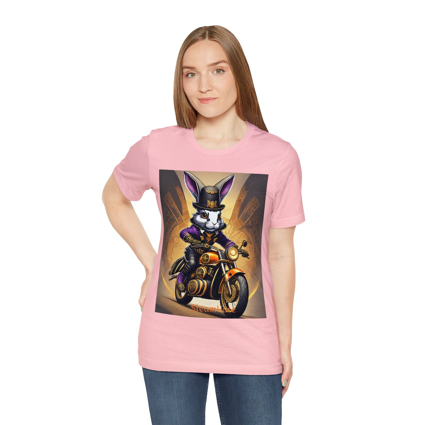 Unisex Adult Jersey Short Sleeve Tee SteamPunk Hare Motorcycle tshirt