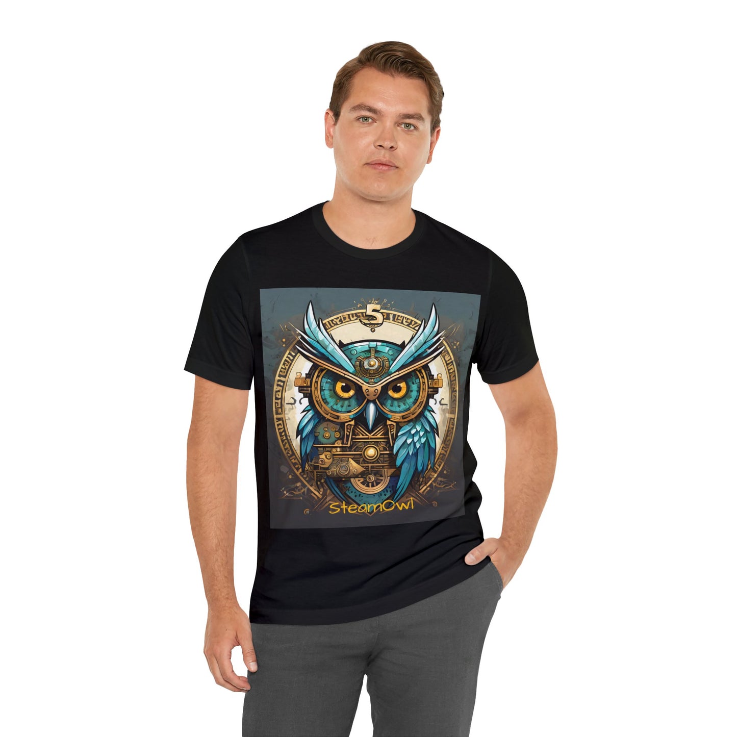 Unisex adult Jersey Short Sleeve Tee Steampunk Owl Mechanical Feathers Attire t shirt