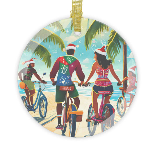 Ebiking together at the beach for Christmas Glass Ornaments