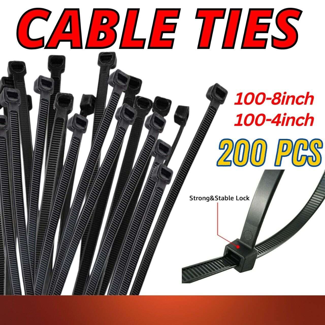 200-Piece Black Nylon Cable Ties - UV and Weather Resistant Wire Wrap Ties