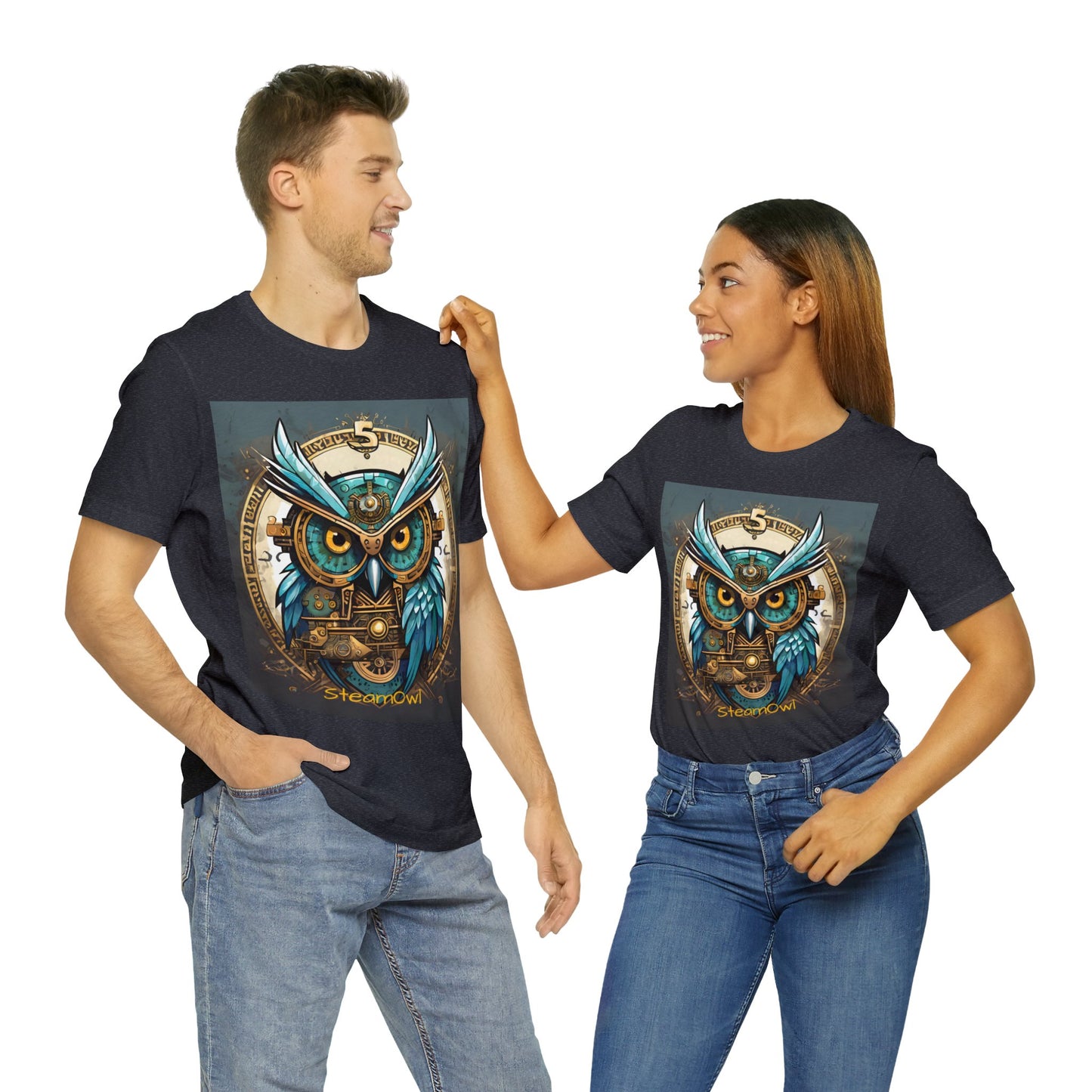 Unisex adult Jersey Short Sleeve Tee Steampunk Owl Mechanical Feathers Attire t shirt