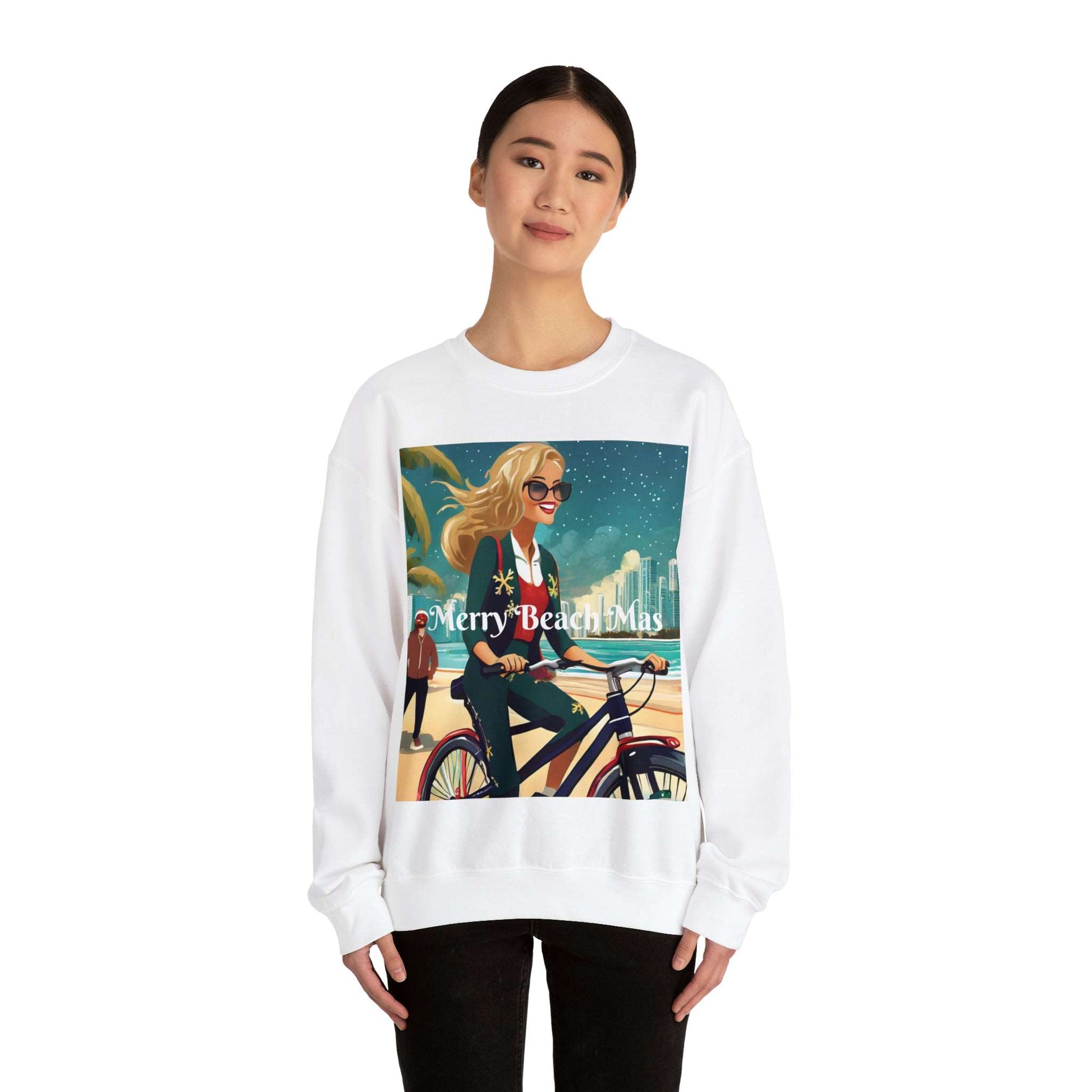 Merry Beach Mas City Electric Bicycle Woman's Heavy Blend™ Crewneck Sweatshirt