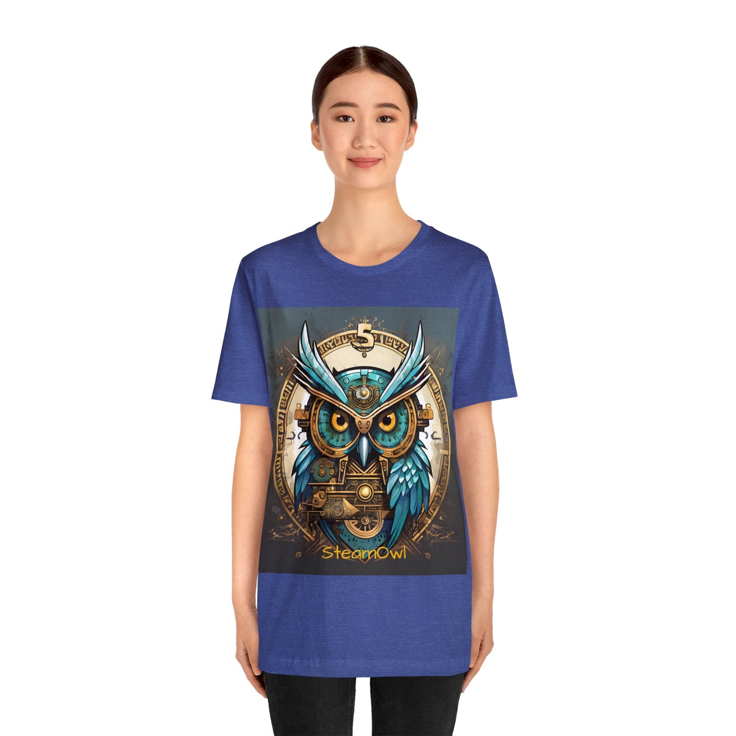 Unisex adult Jersey Short Sleeve Tee Steampunk Owl Mechanical Feathers Attire t shirt