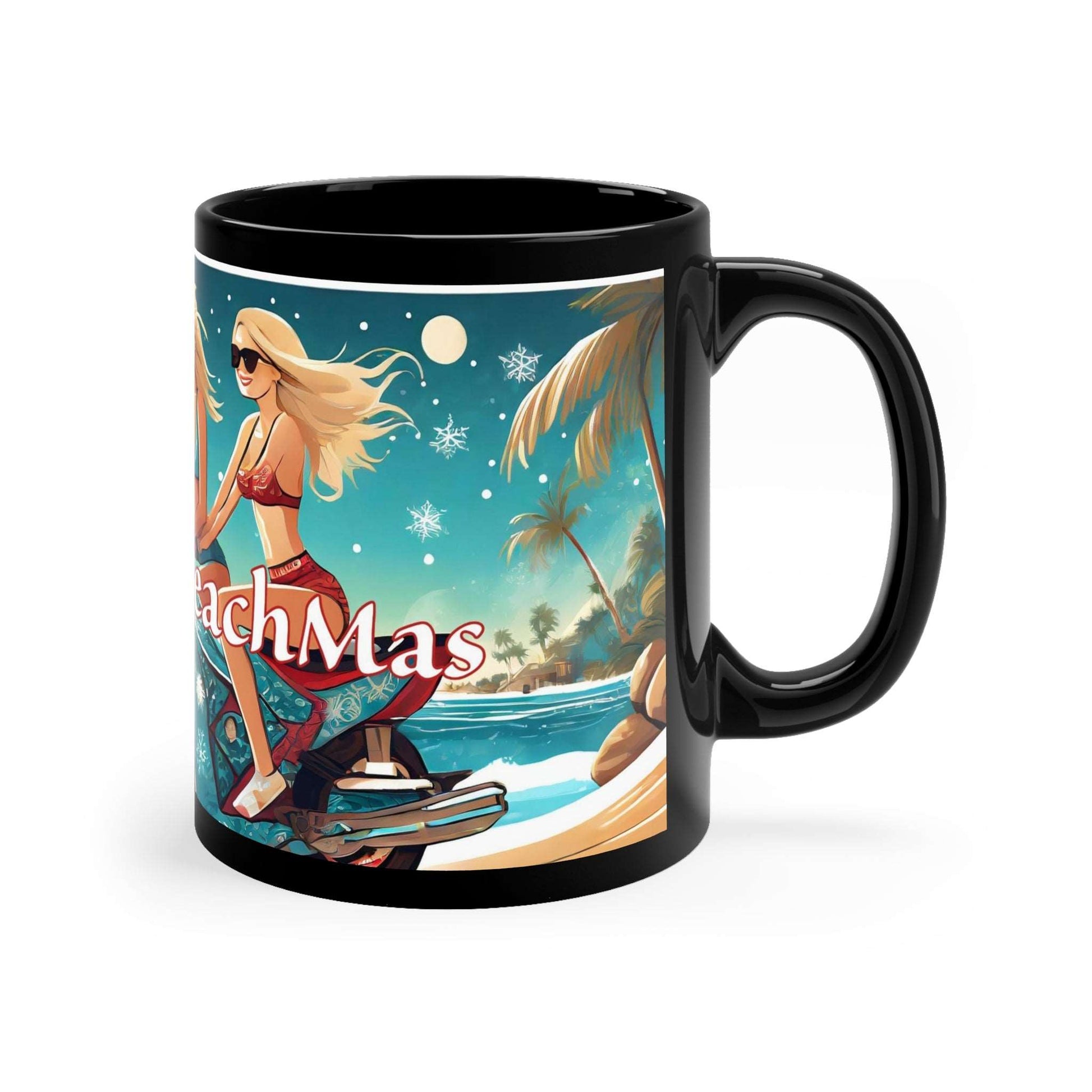 Introducing the Merry Beach Mas on a Motorcycle 11oz Black Ceramic Mug