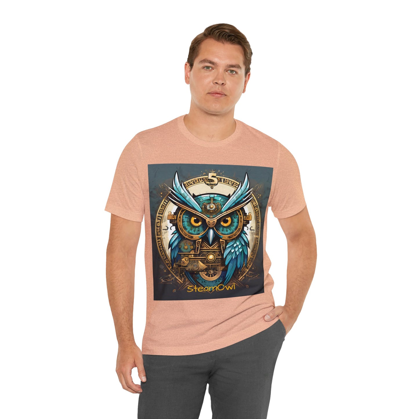 Unisex adult Jersey Short Sleeve Tee Steampunk Owl Mechanical Feathers Attire t shirt