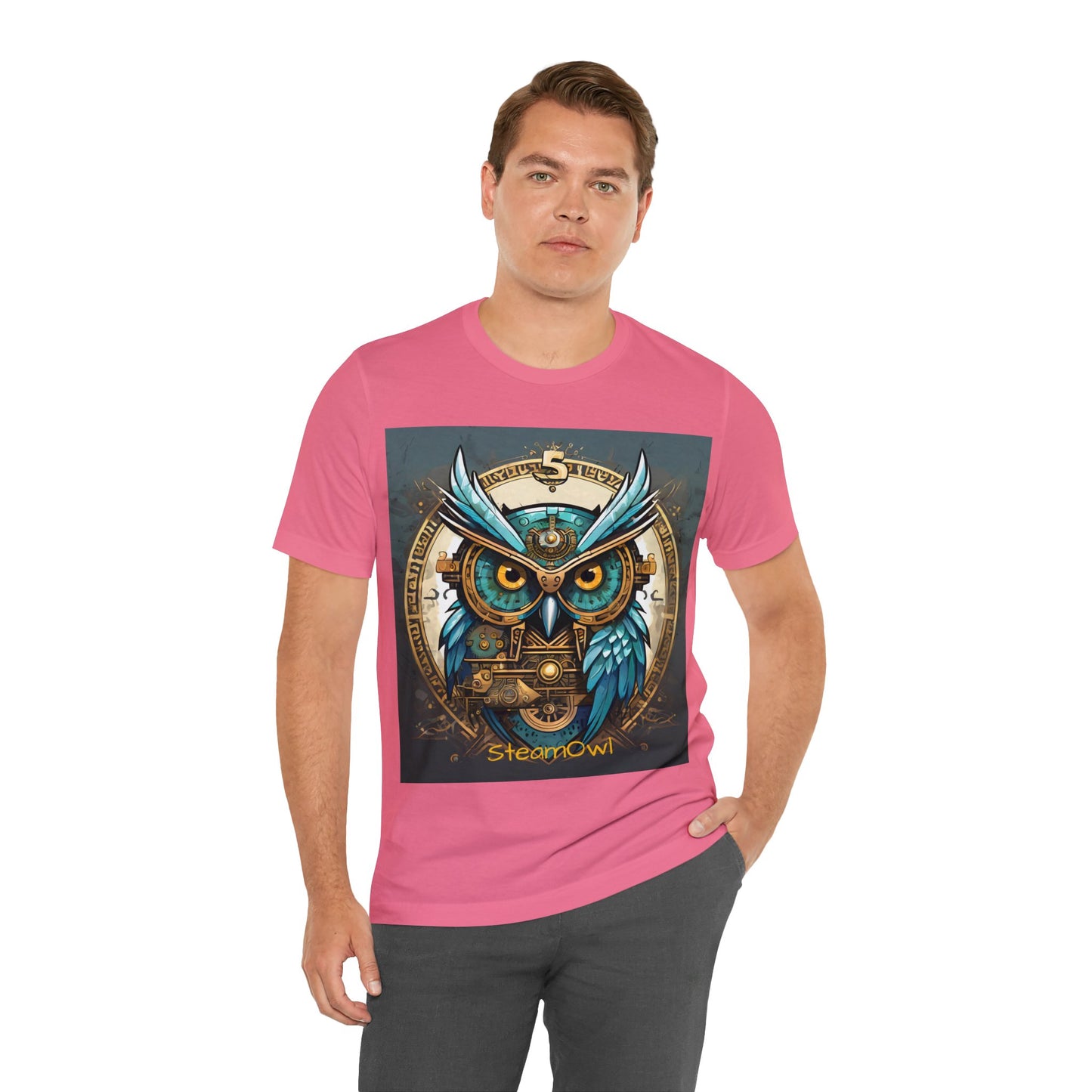 Unisex adult Jersey Short Sleeve Tee Steampunk Owl Mechanical Feathers Attire t shirt