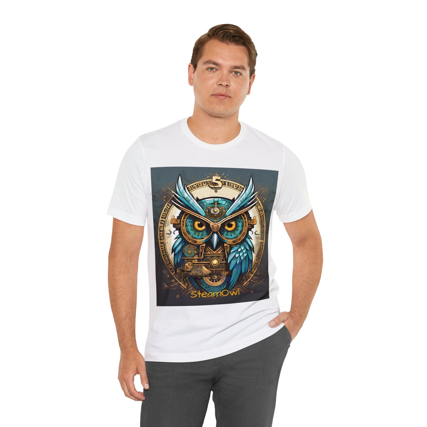 Unisex adult Jersey Short Sleeve Tee Steampunk Owl Mechanical Feathers Attire t shirt