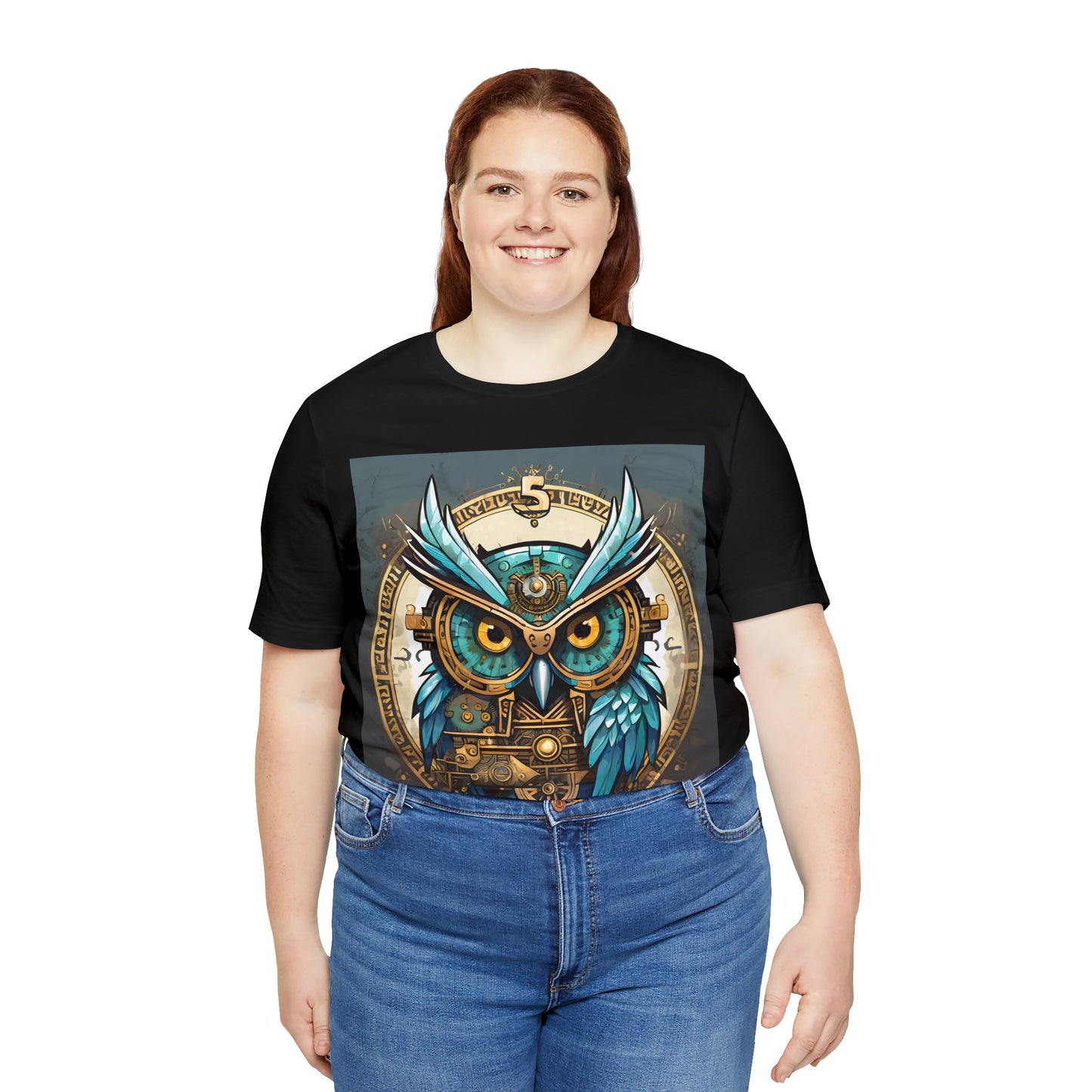 Unisex adult Jersey Short Sleeve Tee Steampunk Owl Mechanical Feathers Attire t shirt