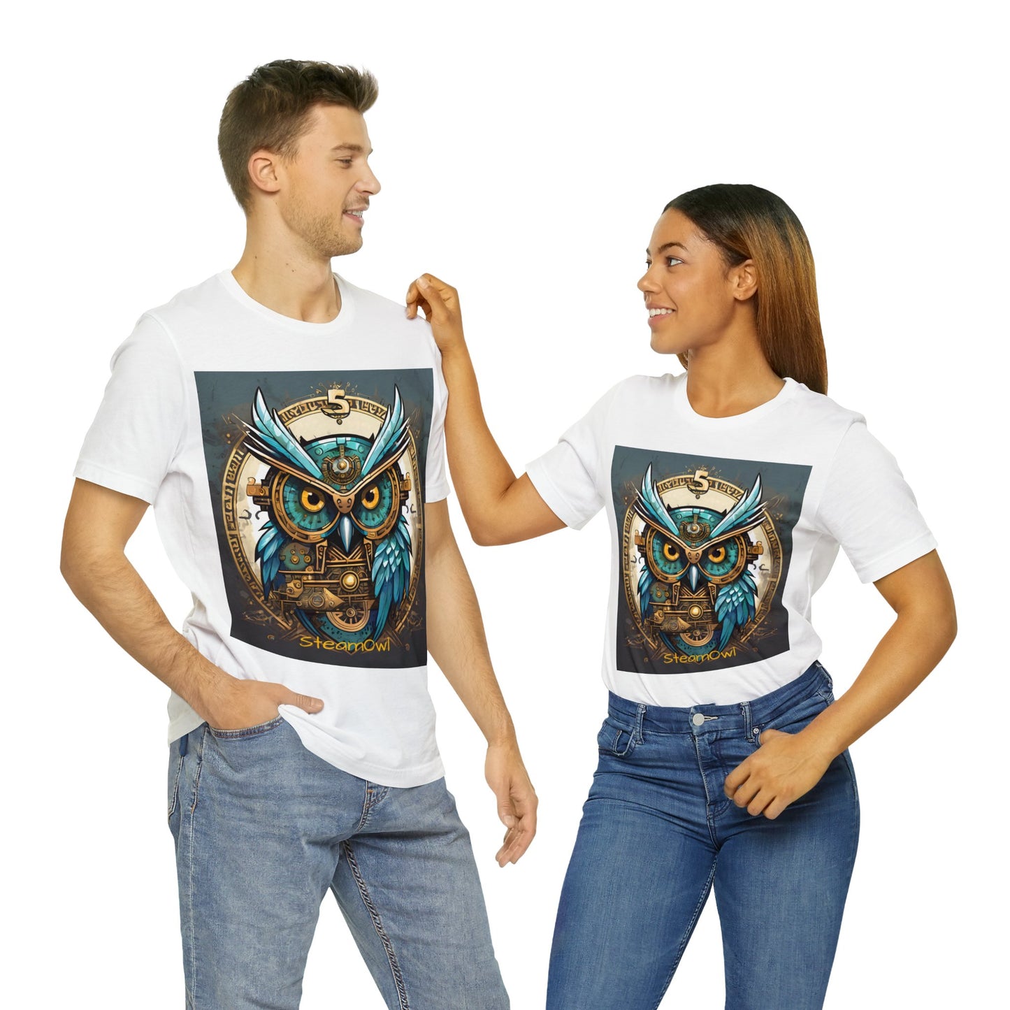 Unisex adult Jersey Short Sleeve Tee Steampunk Owl Mechanical Feathers Attire t shirt