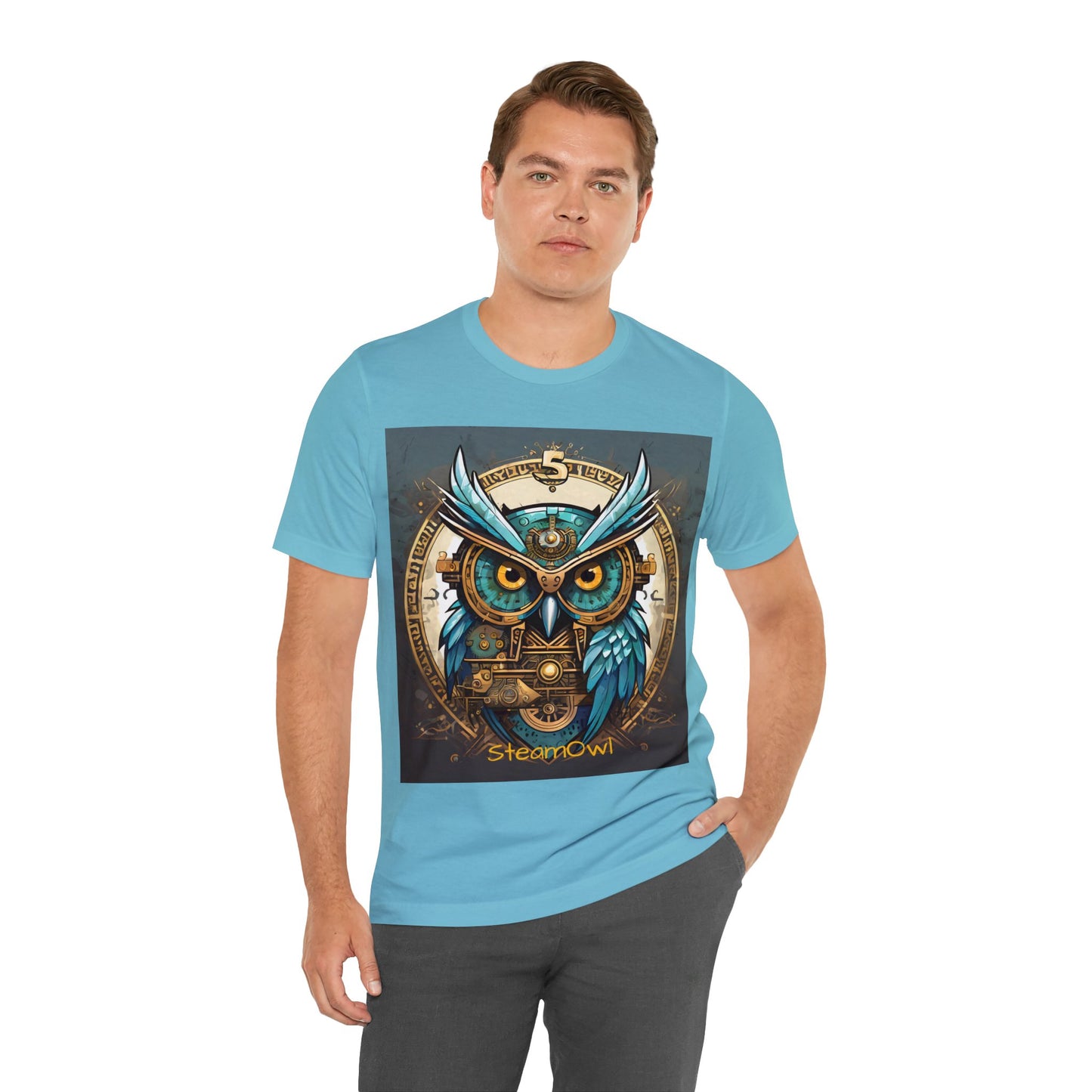 Unisex adult Jersey Short Sleeve Tee Steampunk Owl Mechanical Feathers Attire t shirt