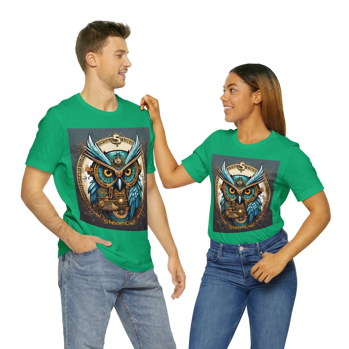 Unisex adult Jersey Short Sleeve Tee Steampunk Owl Mechanical Feathers Attire t shirt