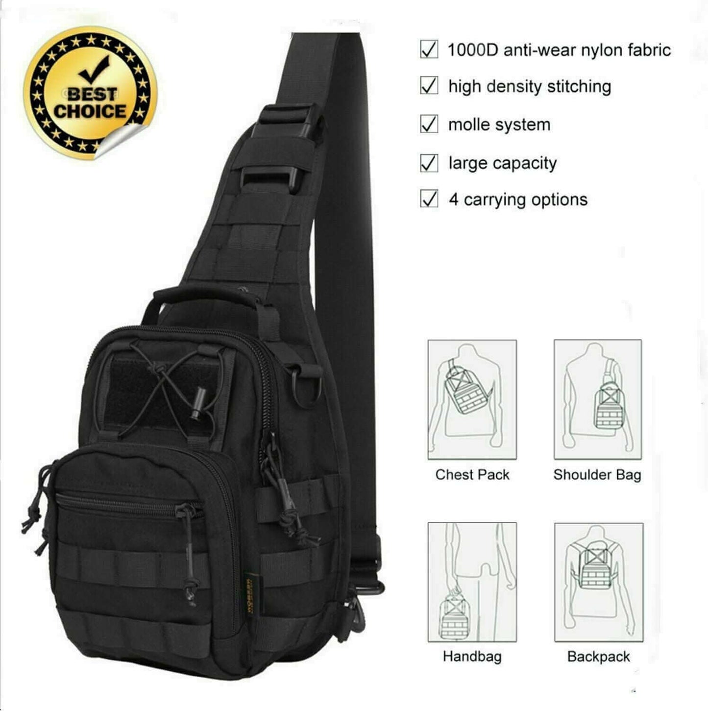 Black Tactical Sling Bag - Men's Molle Chest and Shoulder Backpack