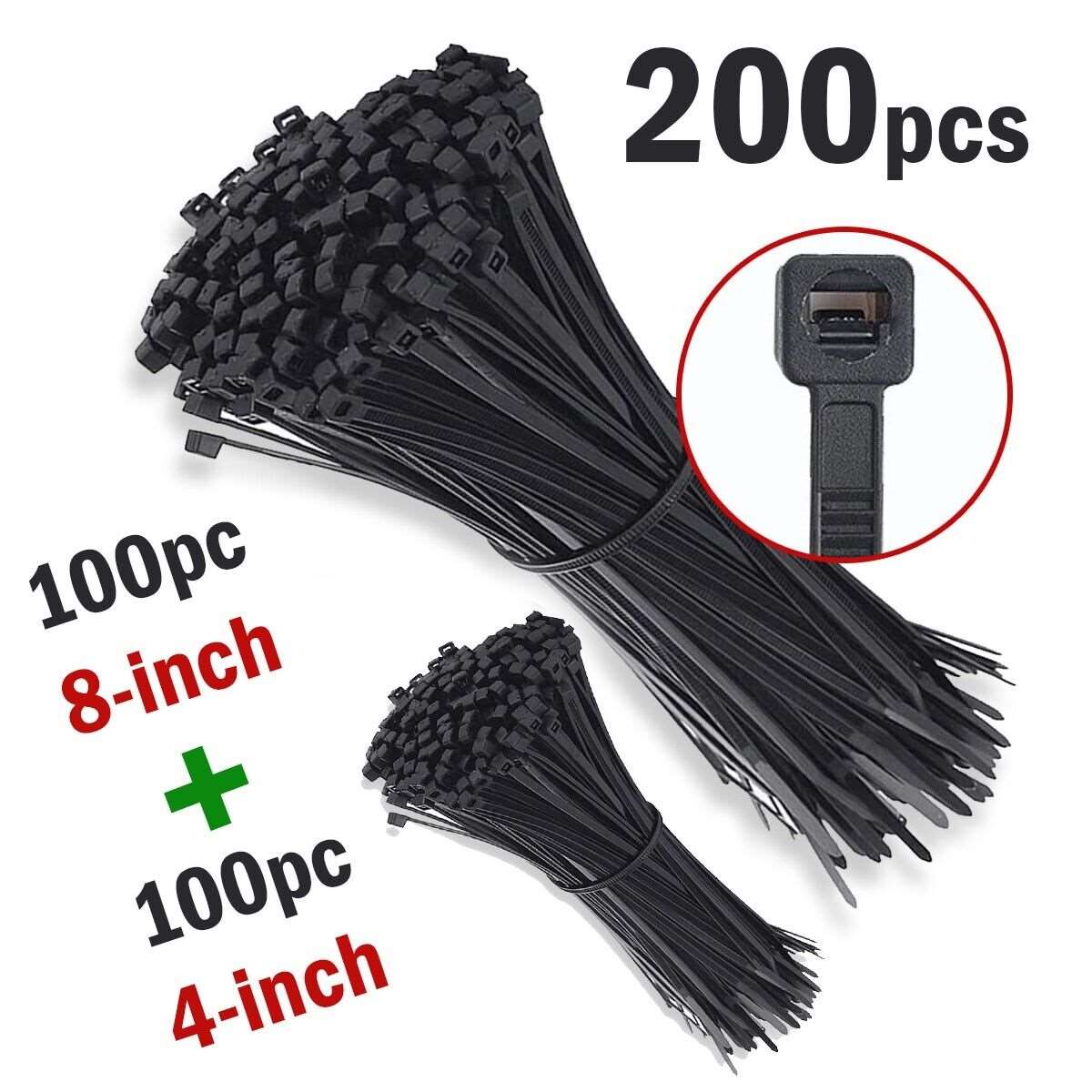 200-Piece Black Nylon Cable Ties - UV and Weather Resistant Wire Wrap Ties