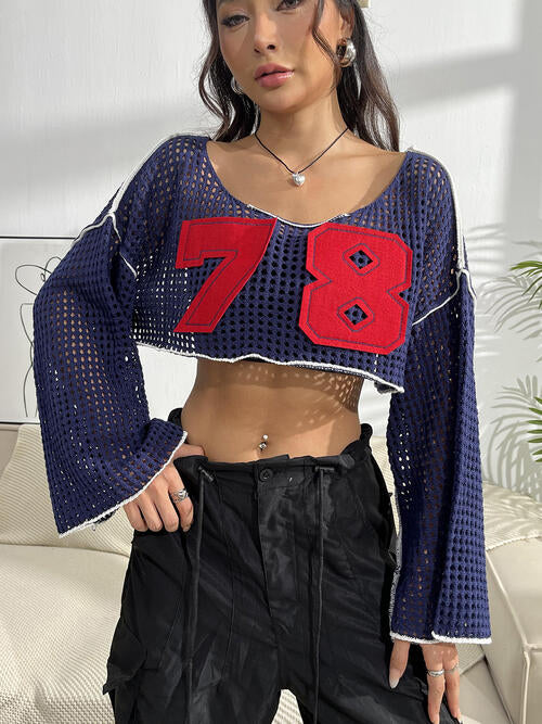 Women's Contrast Patches Long Sleeve Cropped Knit Top