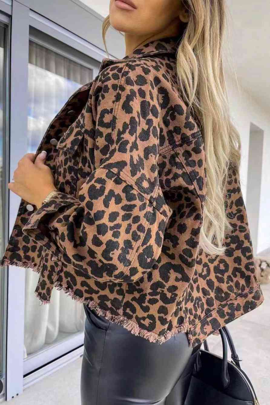 Women's Leopard Raw Hem Denim Jacket
