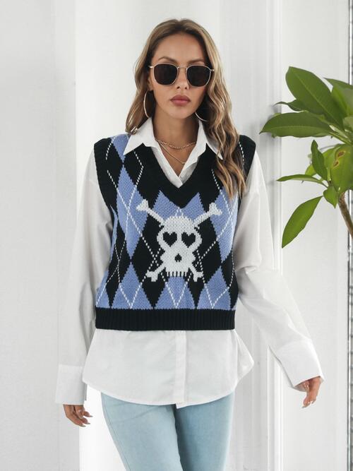 Women's Skull Geometric V-Neck Sweater Vest