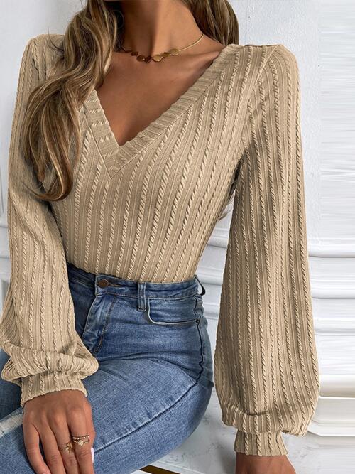 Women's Biker Cable-Knit V-Neck Long Sleeve Knit Top