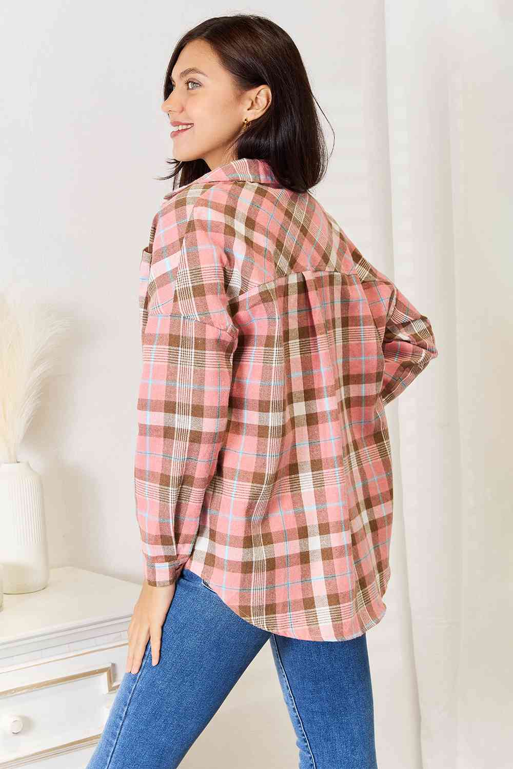 Women's Double Take Plaid Collared Neck Long Sleeve Button-Up Shirt