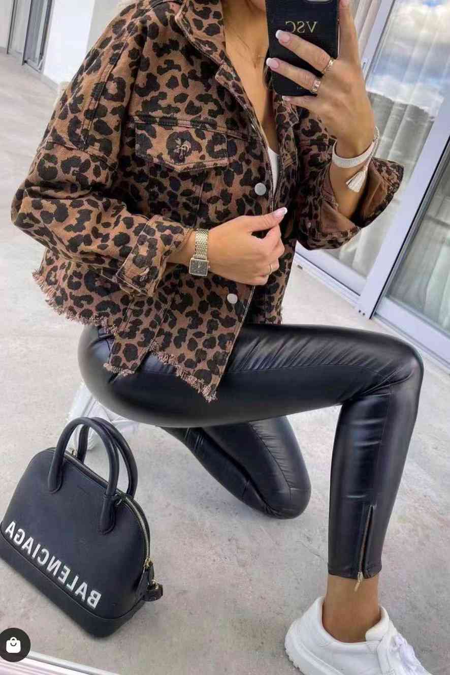 Women's Leopard Raw Hem Denim Jacket
