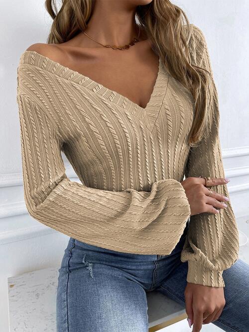 Women's Biker Cable-Knit V-Neck Long Sleeve Knit Top