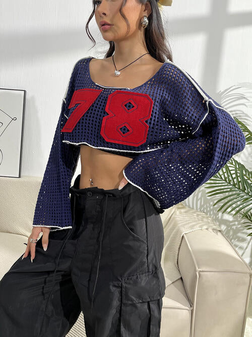 Women's Contrast Patches Long Sleeve Cropped Knit Top