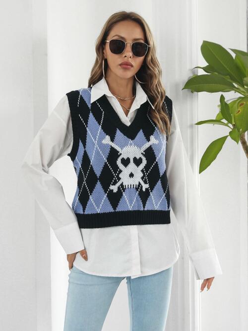 Women's Skull Geometric V-Neck Sweater Vest